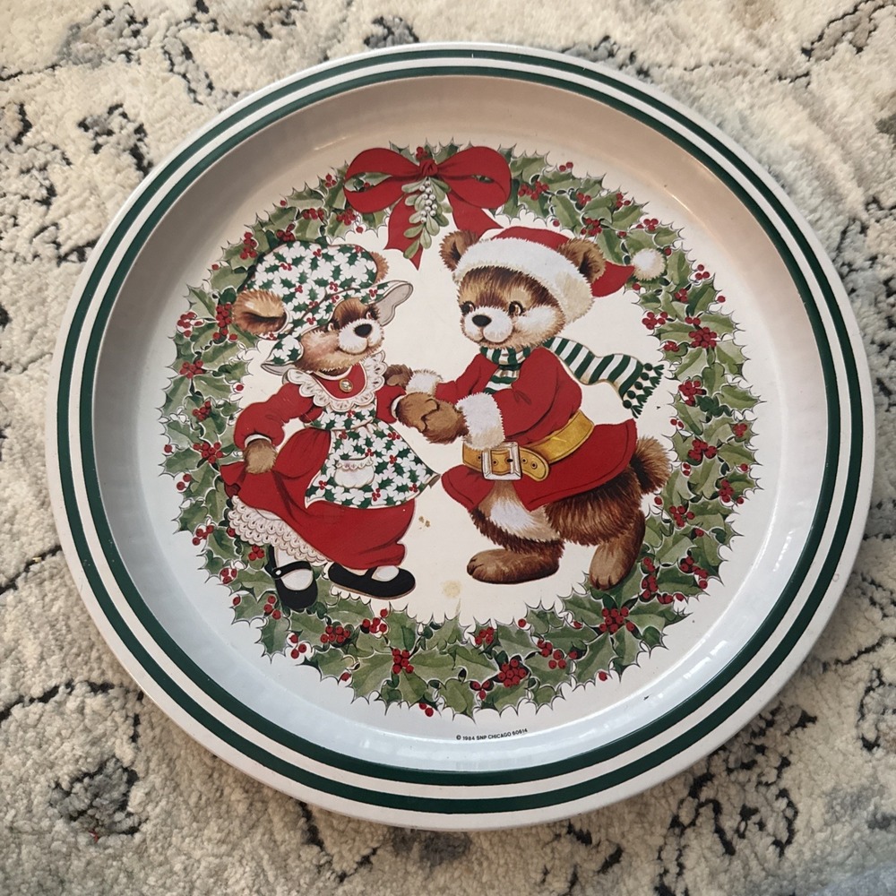 Vintage 1984 Christmas Tin Serving Tray Round 12 inch Whimsical